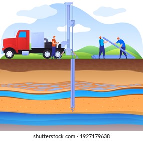 Layers of land with underground rivers. Drilling a water well, supplying water to the house. Artesian well. Drinking water. Color vector illustration in flat style