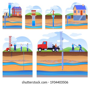 Layers of land with underground rivers. Drilling a water well, supplying water to the house. Artesian well. Drinking water. Color vector illustration in flat style