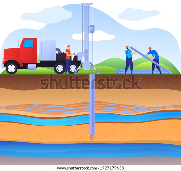 Layers of land with
underground rivers. Drilling a water well, supplying water to the
house. Artesian well. Drinking water. Color vector illustration in
flat style