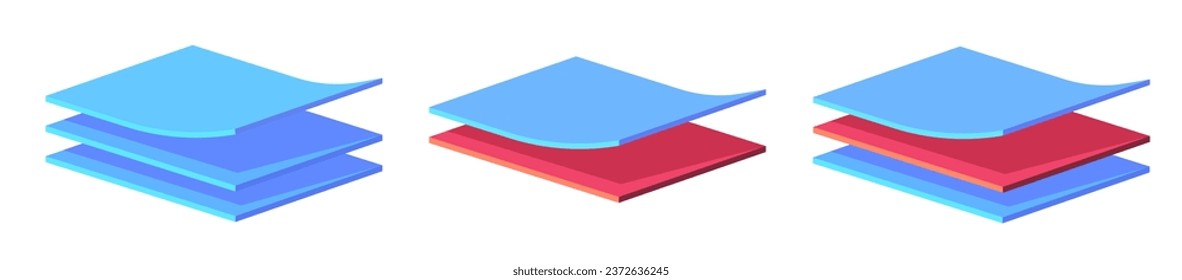 Capas de tejido material diseño de pila 3d rojo azul, 3 lotes de superficie de onda cuadrada hojas ilustración gráfica, tres elementos de estructura de diagrama subyacente paño o perspectiva de piel, clipart de imagen de tres niveles 