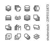 Layers of material icons set. Multilayer. Layered material, structure and properties. Black and white style