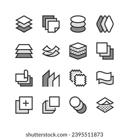 Layers of material icons set. Multilayer. Layered material, structure and properties. Black and white style