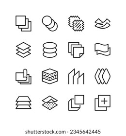 Layers of material, linear style icons set. Multilayer. Layered material, structure and properties. Editable stroke width