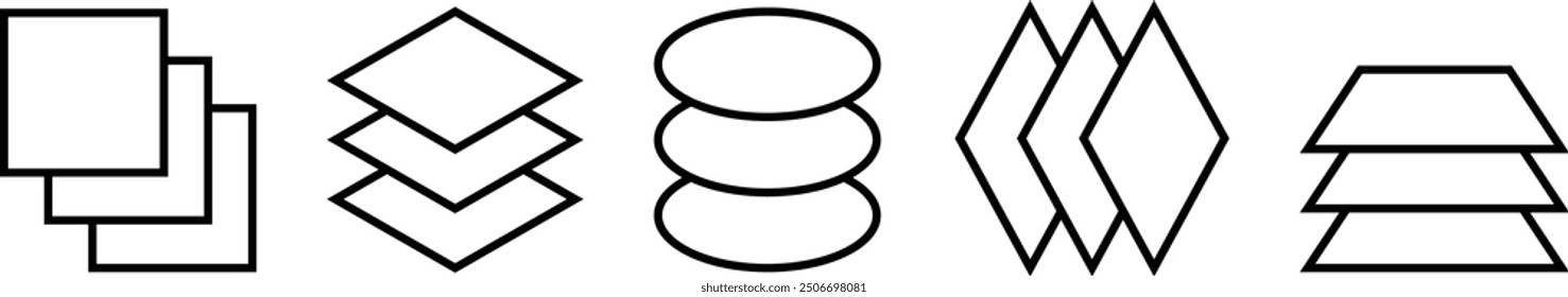 Materiallagen, lineare Stilsymbole, Symbole. Satz von Liniensymbolen, die sich auf überlappende Blätter beziehen. Schichtwerkstoff, Struktur und Eigenschaften. Vektorgrafik