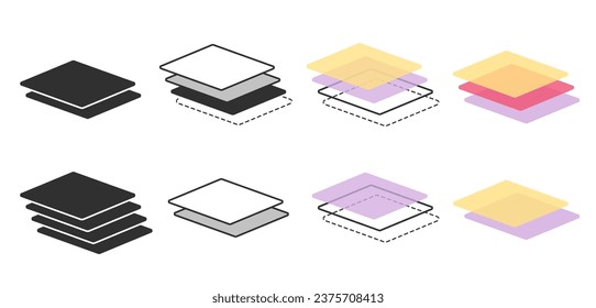 Layers materials stack 2, 3, 4 level surface icon vector pictogram simple line outline art, blend batch sheets symbol illustration set, tier double triple coat stratum, lamina cover diagram structure