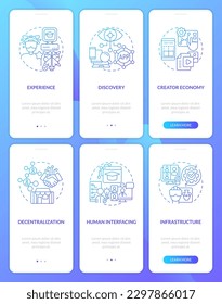 Layers of metaverse technology blue gradient onboarding mobile app screens set. Walkthrough 3 steps graphic instructions with linear concepts. UI, UX, GUI template. Myriad Pro-Bold, Regular fonts used