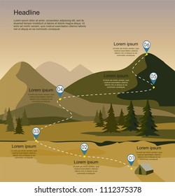 Layers of mountain landscape with fir forest. Tourism route infographic. Vector illustration.