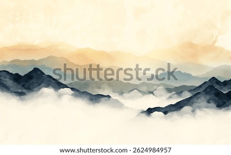 Layers of mountains stretch across the horizon, their silhouettes rising gracefully above a soft blanket of clouds. The watercolor technique captures the serene beauty of morning light
