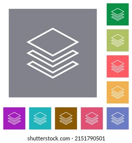 Layers outline flat icons on simple color square backgrounds