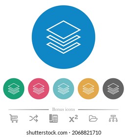 Layers outline flat white icons on round color backgrounds. 6 bonus icons included.