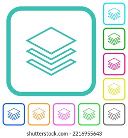 Layers outline vivid colored flat icons in curved borders on white background