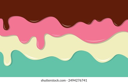 layers of pastel coloured candy or Ice cream drip background. vector illustration of sweet dessert
border with melted flowing icing. Dark chocolate, pink and vanilla 
 flavour.