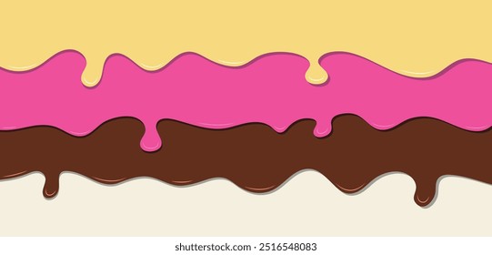 layers of pastel coloured candy or Ice cream drip background. vector illustration of sweet dessert border with melted flowing icing. Dark chocolate, pink and vanilla flavour. melting cream vector.