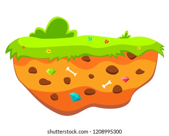 Layers of soil with stones, jewels and bones and grass growing upwards cartoon illustration