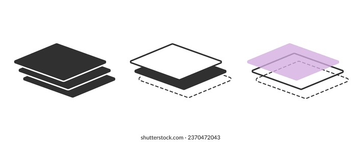 Icono de pila de capas gráfico, pictograma de signo de tres niveles de superficie glifo simple, estructura de piso inferior de la interfaz de software ilustración de nivel, tecnología de protección de tejido cliparte de imagen de profundidad