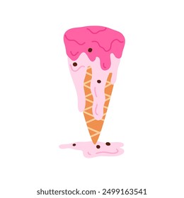 Layers of strawberry ice cream flowing over surface of waffle cone into puddle vector illustration