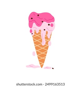 Layers of strawberry ice cream melt and flow down waffle cone vector illustration