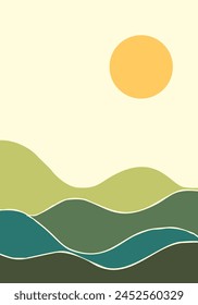 Layers of wavy organic shapes in different shades of green with hand drawn edges against a clear warm sky with a round disk of the sun, Vector illustration