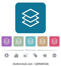 Layers white flat icons on color rounded square backgrounds. 6 bonus icons included