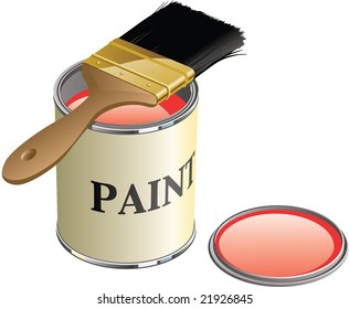 Layer-separated illustration of an open paint can with brush sitting on top.