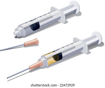 Layer-separated syringe or hypodermic needle use to inject medicine or intravenous drugs. Two versions supplied, one with the needle removed and one with needle attached and syringe filled with drug.