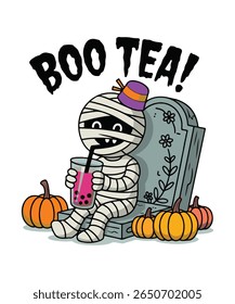 layful Halloween Character Illustration. Adorable Bandaged Mummy Sipping Bubble Tea in a Festive Graveyard Setting.