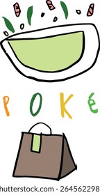 tigela poke leigo e ilustração takeaway - vetor desenhado à mão