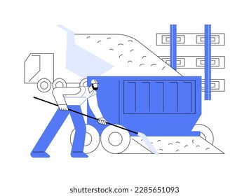 Ilustración vectorial de concepto abstracto de lastre. Grupo de contratistas vestidos de uniforme que ponen lastre de un camión en el ferrocarril, construcción de infraestructura, proceso de construcción metáfora abstracta.