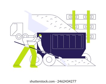 Laying ballast abstract concept vector illustration. Group of uniform dressed contractors laying ballast from truck on railway, infrastructure building, construction process abstract metaphor.