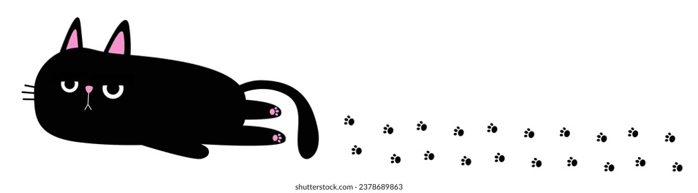 Laying black cat. Body with paws, tail. Funny sad face head silhouette. Paw foot print track. Meow. Cute cartoon baby character. Kawaii animal. Pet collection. Flat design. White background. Vector