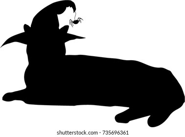 Laying black cat in witch hat silhouette isolated on white background, vector illustration, icon, clip art.