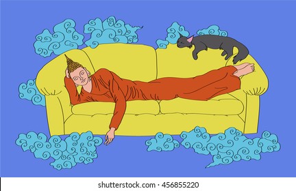 Laying Buddha Sleep on the Sofa with Cat. Vector Illustration. Nirvana