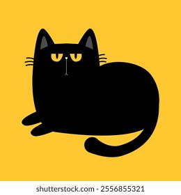 Laying cat. Cute Funny kitten with yellow eyes. Sad face head. Black silhouette icon. Kawaii pet animal. Cartoon funny character. Childish style. Happy Halloween. Flat design. Yellow background Vector