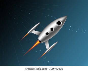 Laying chromium metal rocket on a blue background with star and line. vector Illustration of rocket icon. Laying silver metal rocket on a blue background. Vector for your design
