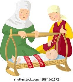 Laying in the cradle (Besik toy). Kazakh folk tradition. Mother and grandmother among nomadic peoples.