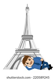 Laying Down in Front of Eiffel Tower - Cartoon Vector