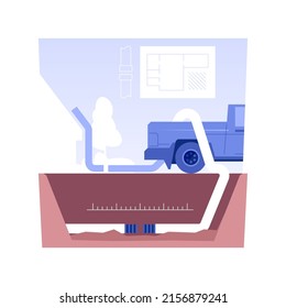Laying drainage pipes isolated concept vector illustration. Professional repairman installs a drainage system, sewerage construction, exterior works, pumping equipment vector concept.