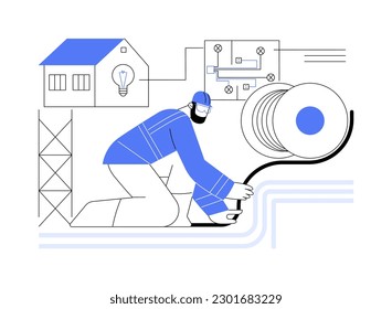 Laying electric cables abstract concept vector illustration. Engineers lays electric cables during residential area building, private house construction, excavation works abstract metaphor.