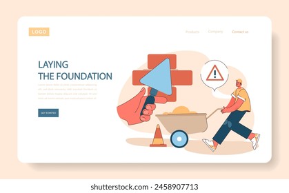 Laying the Foundation concept. A construction worker diligently prepares the base of a building, symbolizing a strong start. Flat vector illustration