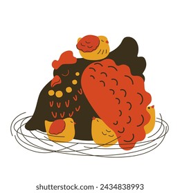 Laying hen with chicks in nest. Domestic birds. Sweet dreams. Vector illustration