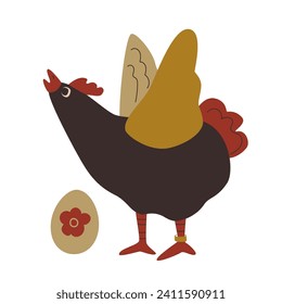 Laying hen and egg. Chicken coop in the countryside. Flat, simple vector illustration	