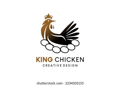 Diseño del logo del rey de la gallina poniente, granja de pollos anidados, logo del pollo anidado con concepto creativo