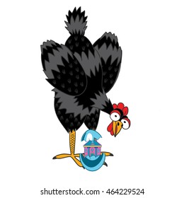 Laying hen laid an egg with a little house . Funny vector illustration of a handmade comic style. Will serve as images for greeting cards or book illustrations.