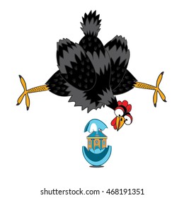 A laying hen laid an egg with a little house . Funny vector illustration of a handmade comic style. Will serve as images for greeting cards or book illustrations.