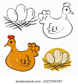 Laying hen and nest with eggs, farming theme illustration, outlined and colorized vector illustration