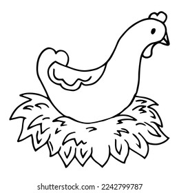 Laying hen in nest sketch vector. Farm chicken and eggs drawn in vintage engraving style