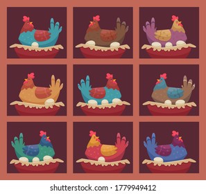 Laying hens. Chicken farm breeding hens birds sitting on shelves and making fresh eggs in farmhouse vector characters