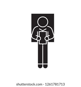 Laying man reading book black vector concept icon. Laying man reading book flat illustration, sign