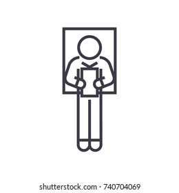 laying man reading book linear icon, sign, symbol, vector on isolated background