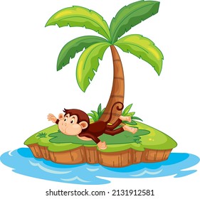 Laying monkey cartoon character on isolated island illustration
